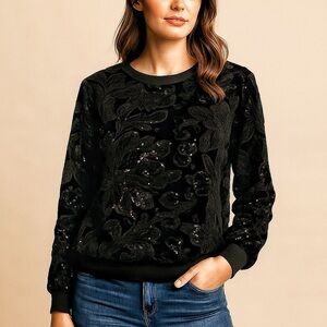 Gianni Bini NEW Black Velvet Floral Sequin Sweatshirt Top Party Holiday Size L